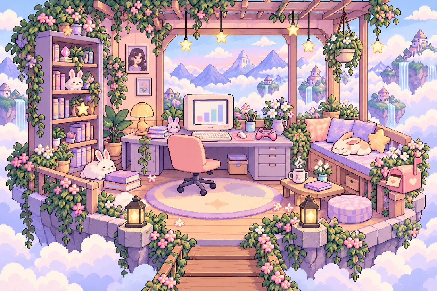 A pastel pixel-art studio floating in the clouds. A computer and controller sit on the desk, books fill the left shelf, a portrait hangs on the wall, a heart mailbox waits by the right railing, and two bunnies rest among the plants.