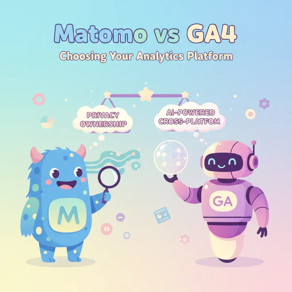 A cutesy pastel illustration comparing Matomo and GA4 analytics platforms. A blue monster character representing Matomo holds a magnifying glass under a Privacy Ownership cloud, while a pink robot representing GA4 holds a digital globe under an AI-Powered cloud.