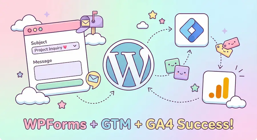 Cute pastel illustration showing a WordPress contact form sending data to Google Tag Manager and Google Analytics 4 icons, representing successful tracking.