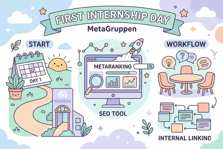 A cute 2D pastel illustration representing my first day as an SEO intern at MetaGruppen, featuring icons for workflow, internal linking, and the MetaRanking SEO tool.