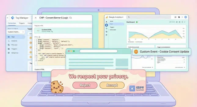 A cute pastel-style illustration of a laptop screen displaying a custom GDPR cookie banner with 'Accept' and 'Reject' buttons, floating above a background of Google Tag Manager and Google Analytics 4 interfaces.