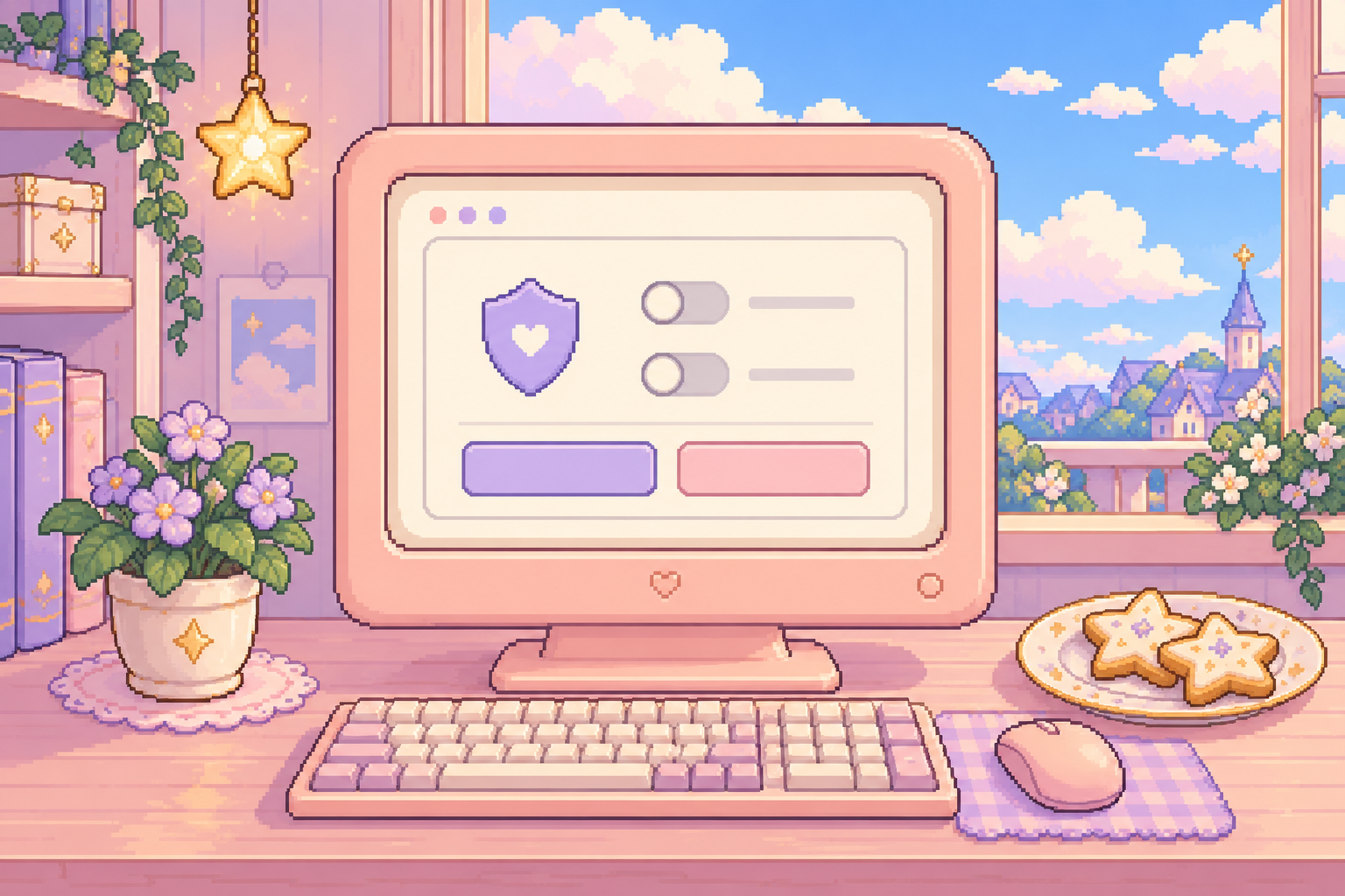 Pastel pixel-art computer with a shield, two optional settings switches and equal-sized buttons, beside star-shaped cookies and a sunny window.