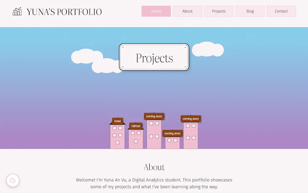 Screenshot of Yuna's old WordPress portfolio homepage featuring a pastel sky background and pixel-art buildings.